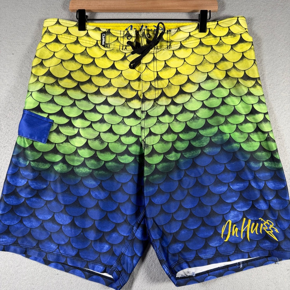 Da Hui Mens Board Shorts Yellow Green Blue Mermaid Fish Scale Print Size 38